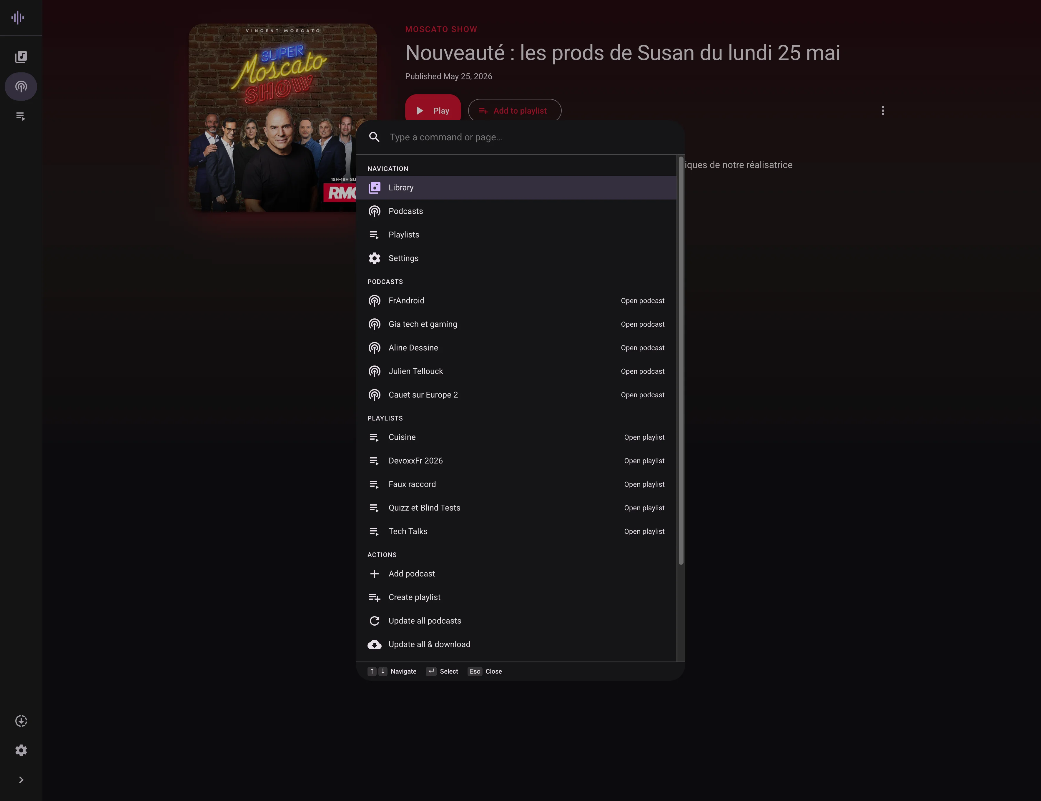 Command palette open over an episode view