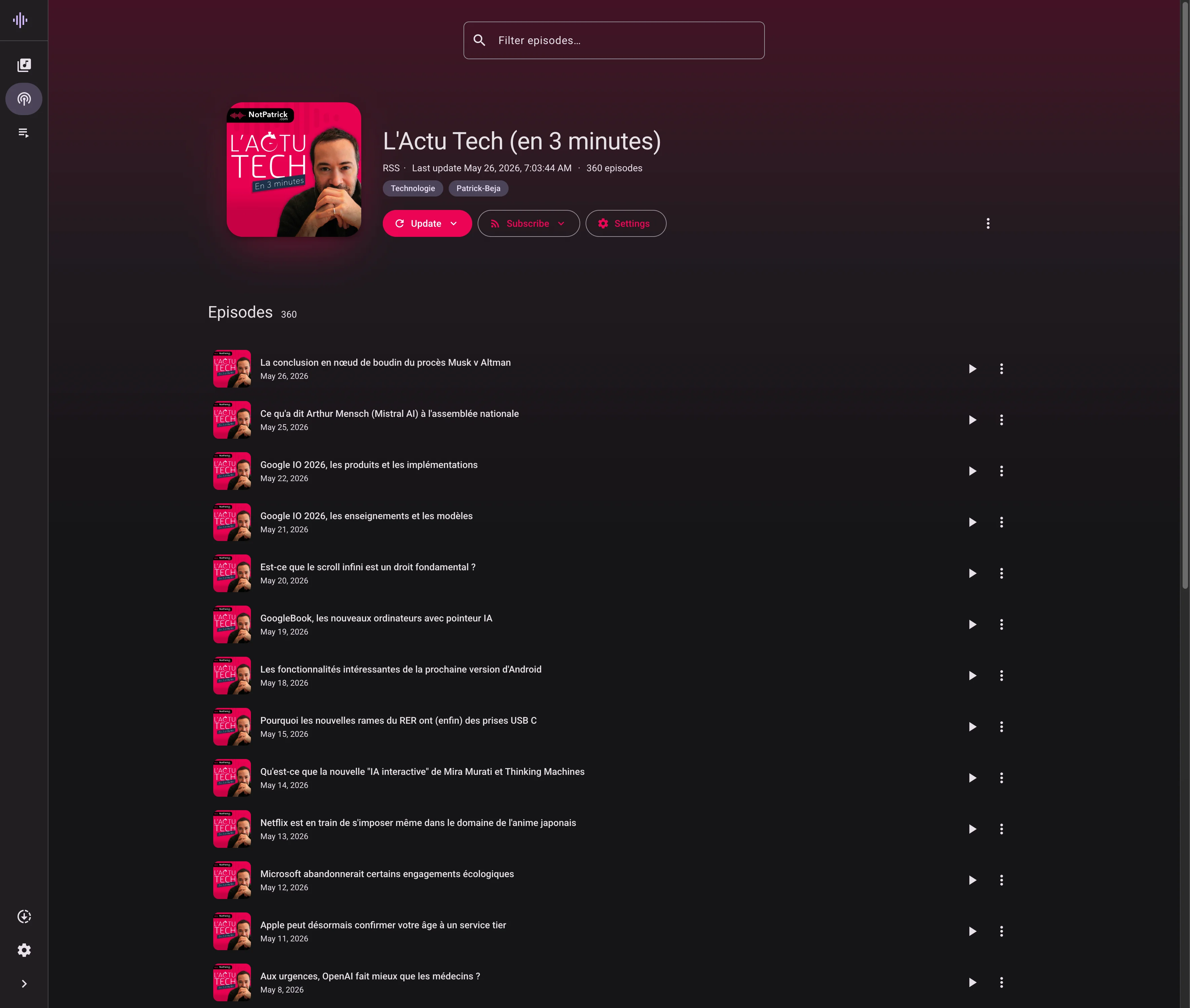 Detail page of a podcast showing every episode