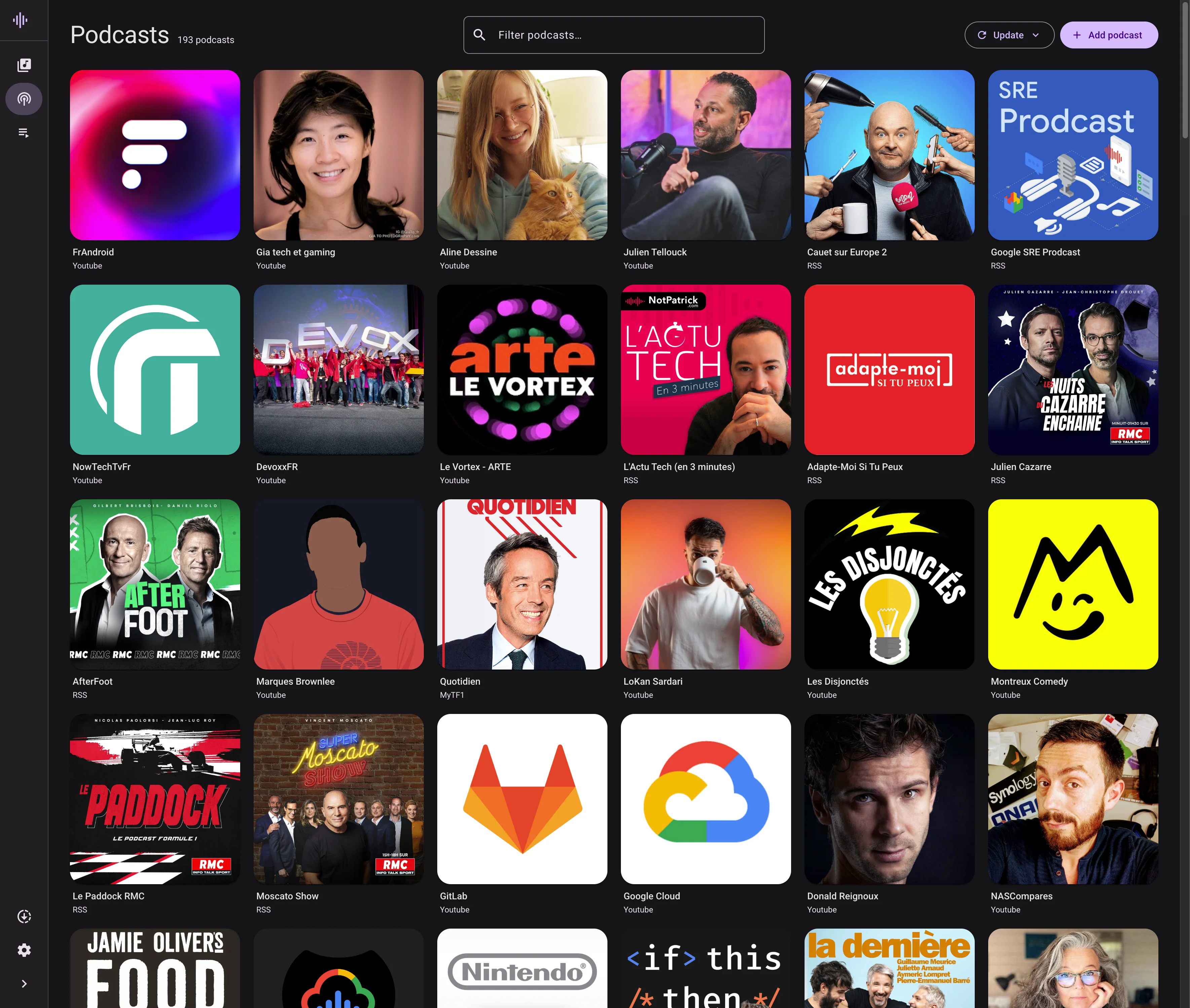 Podcasts page with all subscribed podcasts